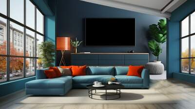 Modern interior of living room with tv on the cabinet on dark blue wall background, Generative AI Wall mural