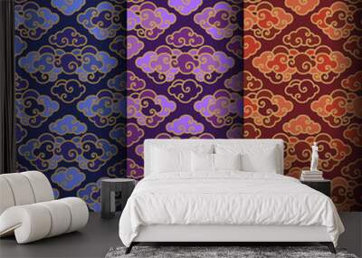 Clouds traditional seamless background. Chinese style. Three tones with gold line Wall mural