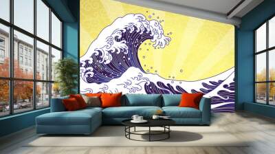 Great wave and ocean oriental style illustration isolated on  golden sunshine and  seamless clouds background. Japan waves and Chinese cloud vector. Wall mural