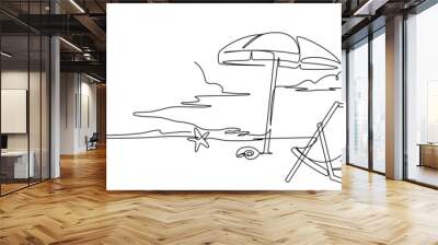 Sea beach one line drawing illustration. Line art summer beach outdoors vector. Contouring hand drawn. Wall mural