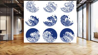 Water and ocean wave line logo illustration. Blue print and indigo color. - Vector. Wall mural