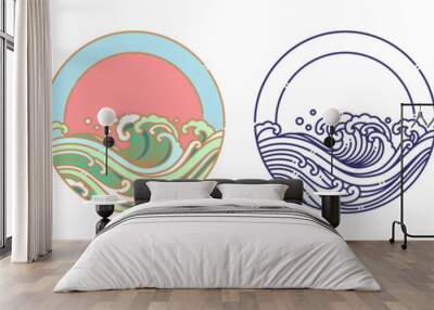 Wave water and sun vector art illustration. Wall mural