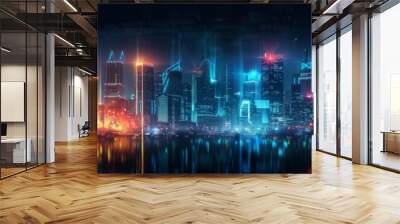 Futuristic Cityscape Illuminated with Neon Lights, Hi-Tech Urban Landscape, futuristic technology concept, graphic banner design Wall mural