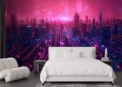 Futuristic Smart Cyber City illustration: Innovative Urban Landscape, futuristic technology and cyber punk concept, Graphic Resources, Wallpapers, Brochure, Websites, banner, Advertising, background Wall mural