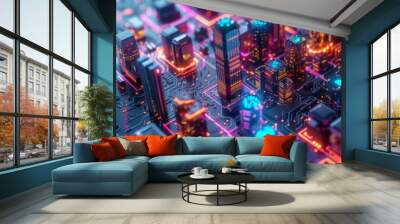 Futuristic Smart Cyber City: Innovative Urban Landscape in Digital Circuitry, futuristic technology concept,  graphic banner design Wall mural