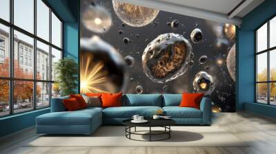 Microscopic view of glowing particles decaying into smaller fragments, symbolizing particle decay in a physics lab setting with scientific instruments and equipment in the background.	 Wall mural