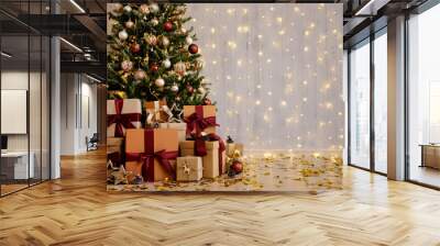 Beautiful decorated christmas tree and gift boxes with copy space Wall mural