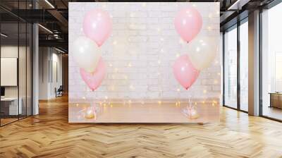 birthday party concept - brick wall background with lights and balloons Wall mural