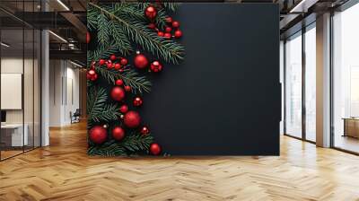 black chistmas background with branches of christmas tree and red balls Wall mural