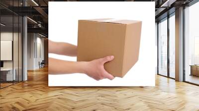 close up of hands giving cardboard box isolated on white Wall mural