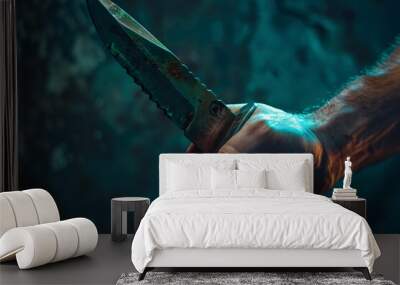 close up of male hand holding knife over dark background Wall mural