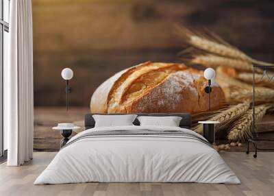 Close up of white bread on wooden table and copy space Wall mural