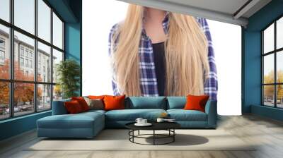 cute girl in eyeglasses with beautiful long hair isolated on whi Wall mural