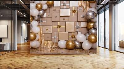 decorated wall with  gift boxes and colorful air balloons Wall mural