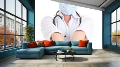 female doctor in mask giving pills over white background Wall mural