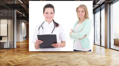 female doctor with folder and patient isolated over white Wall mural