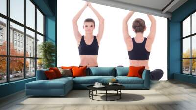 front and back view of beautiful woman doing yoga in lotus pose Wall mural