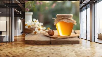 glass jar of honey on the wooden table Wall mural