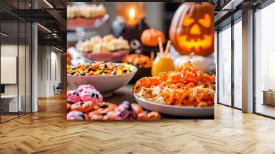 halloween scary snacks on table with pumpkins lanterns Wall mural