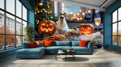 halloween scary snacks on table with pumpkins Wall mural