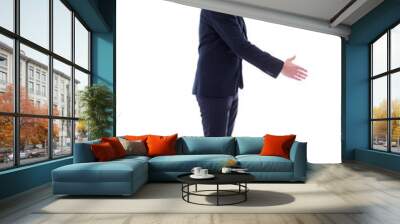 handsome businessman with open hand ready for handshake isolated on white Wall mural