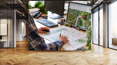 Landscape designer working in office with plans on paper near computer Wall mural