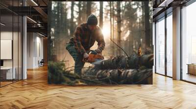 male worker sawing wood with chainsaw in the forest Wall mural