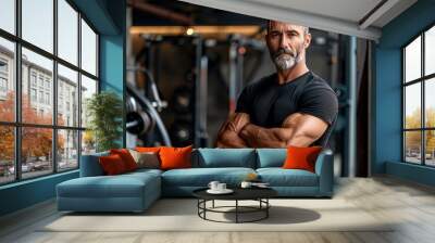 Mature muscular man in modern gym on background Wall mural