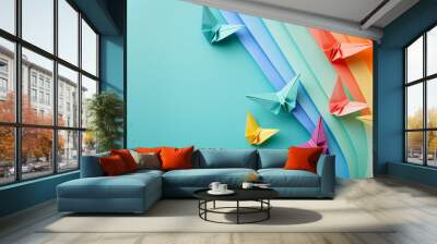 Multicolor origami butterflies on colorful background with copy space Wall mural