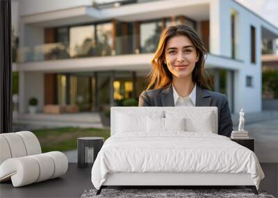 portrait of successful female real estate agent near modern house Wall mural