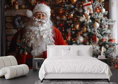 santa claus in room with christmas tree Wall mural