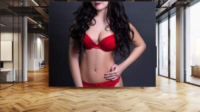 sexy beautiful plus size model in red lingerie over black backgr Wall mural