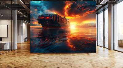 Side view of big ship with containers on  sunset Wall mural