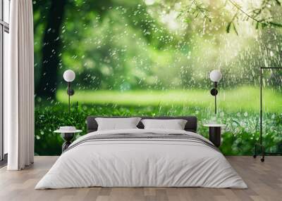 summer rain or lawn sprinkler spraying water on the green grass Wall mural