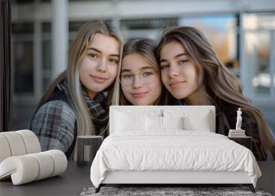 three happy teenage girls friends near modern school at street Wall mural