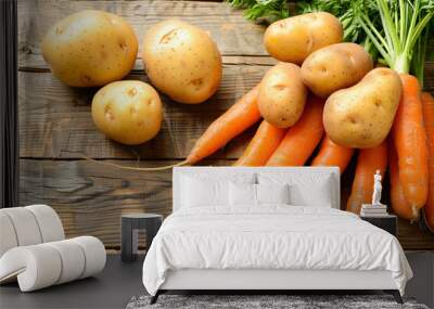 top view of carrots and potatoes on the wooden table background with copy space Wall mural