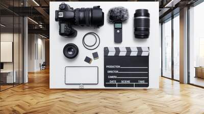 videography and photography equipment - top view of modern dslr camera, lenses, filters, microphone  Wall mural