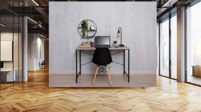 Workplace with laptop in office or home over grey wall Wall mural