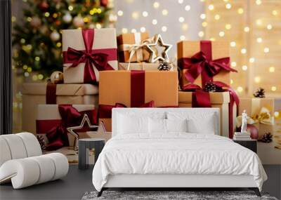 wrapped gifts, decorated christmas tree and festive lights Wall mural