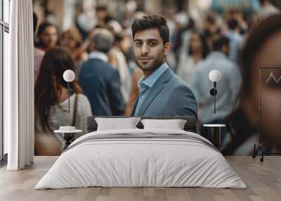 young handsome arabic businessman standing in the crowd on the street Wall mural