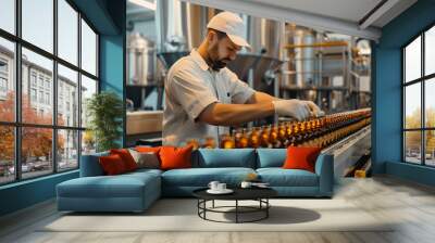 Young man checking beer bottles on the conveyor belt Wall mural