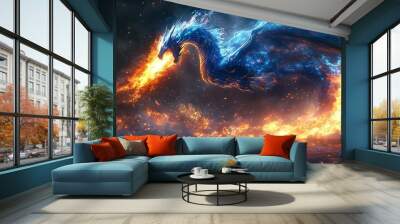 A blue dragon with fire wings breathes a fiery blast over a dark, smoky lake. Wall mural