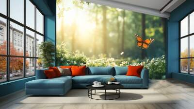 A butterfly in flight over a field of daisies in a sunlit forest. Wall mural