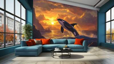 A killer whale leaps from the water against a backdrop of a dramatic sunset and rocky islands. Wall mural