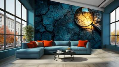 A magnifying glass lies on cracked dry earth, focusing light. Wall mural