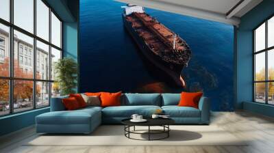 Aerial view of a large cargo ship sailing on the blue ocean. Wall mural