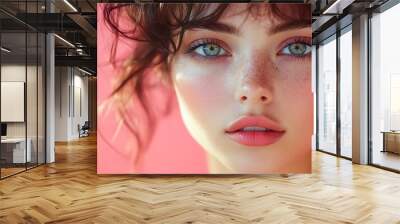 Close-up portrait of a young woman with freckles and green eyes. Wall mural