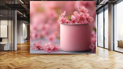 Pink blossoms in a pink container, with a soft, blurred background of more blossoms. Wall mural