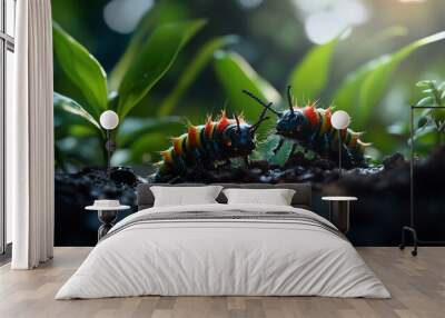 Two colorful caterpillars facing each other on the ground with green plants in the background. Wall mural