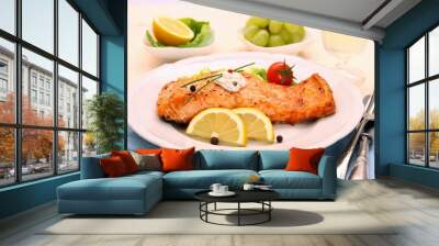 Grilled salmon fillet, sauce and vegetables, wine Wall mural